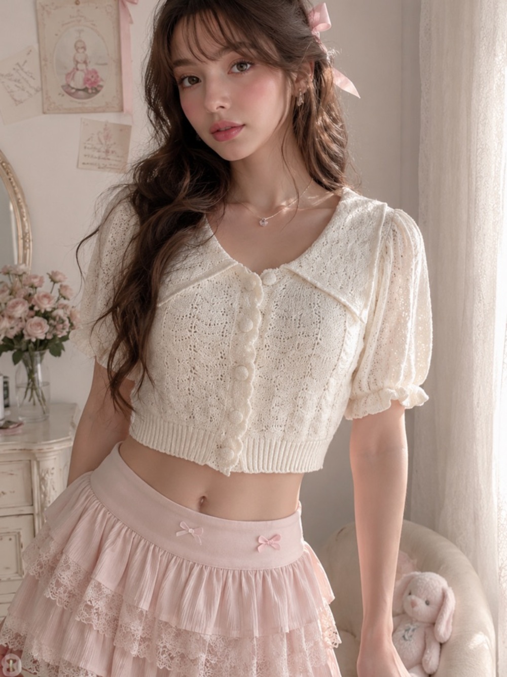 Willow & Wind Womens Crop Sweater Cardigan S Collar Coquette Vanilla Girl